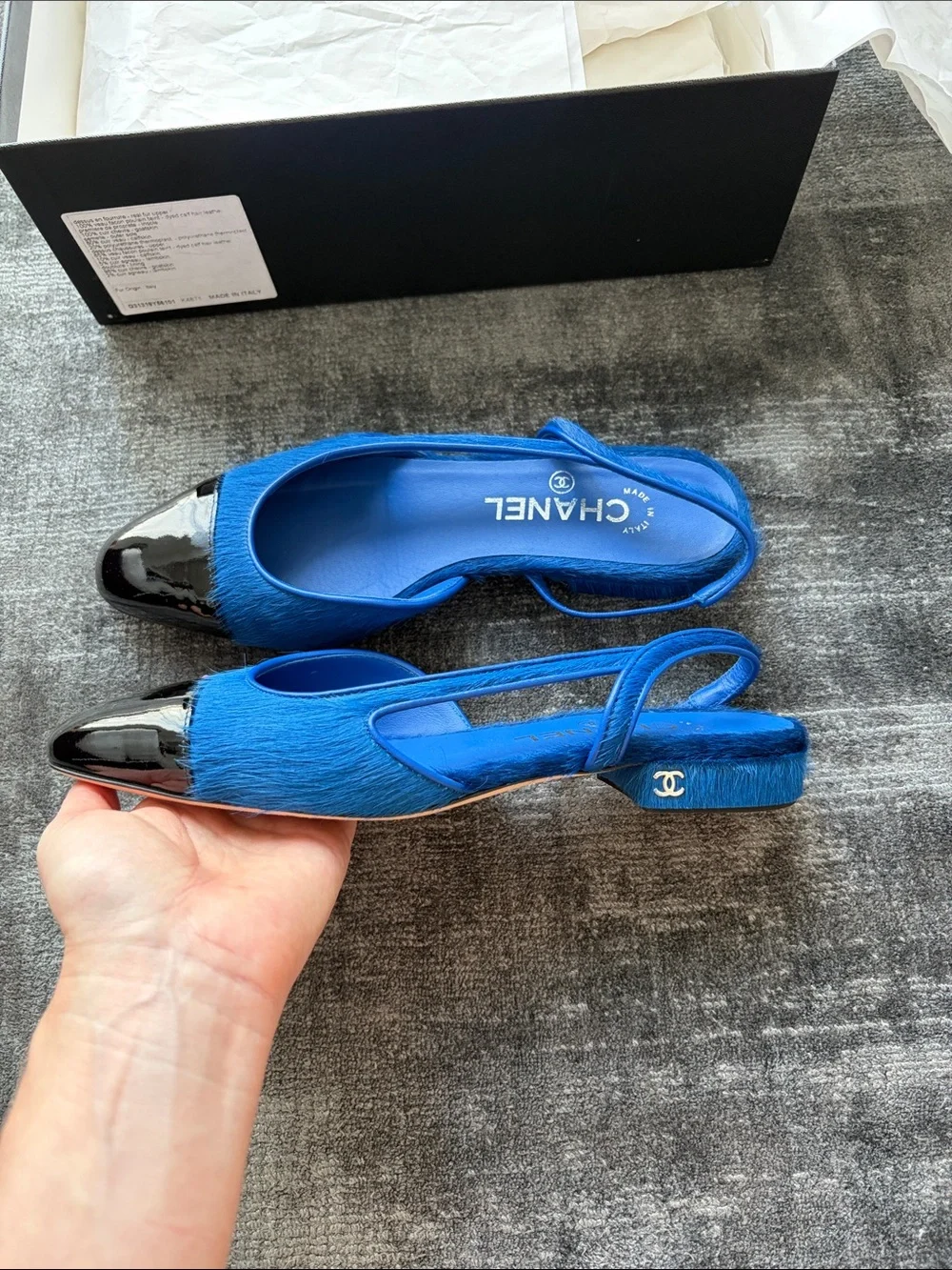 CHANEL Royal Blue Slingback Flats with Black Patent Cap Toe